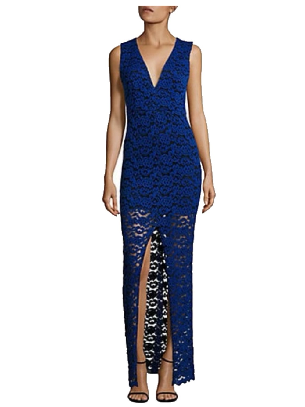 Alice + Olivia Kahlo Cobalt Blue Lace V-Neck Maxi with Front Slit